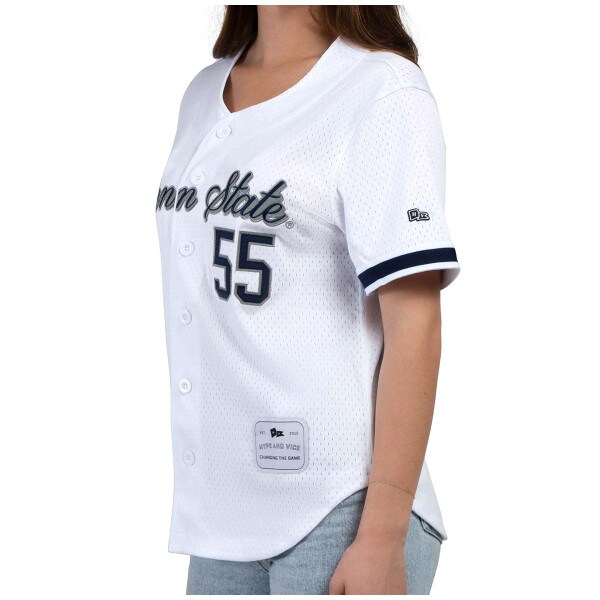 side view of model wearing women's white Penn State baseball jersey